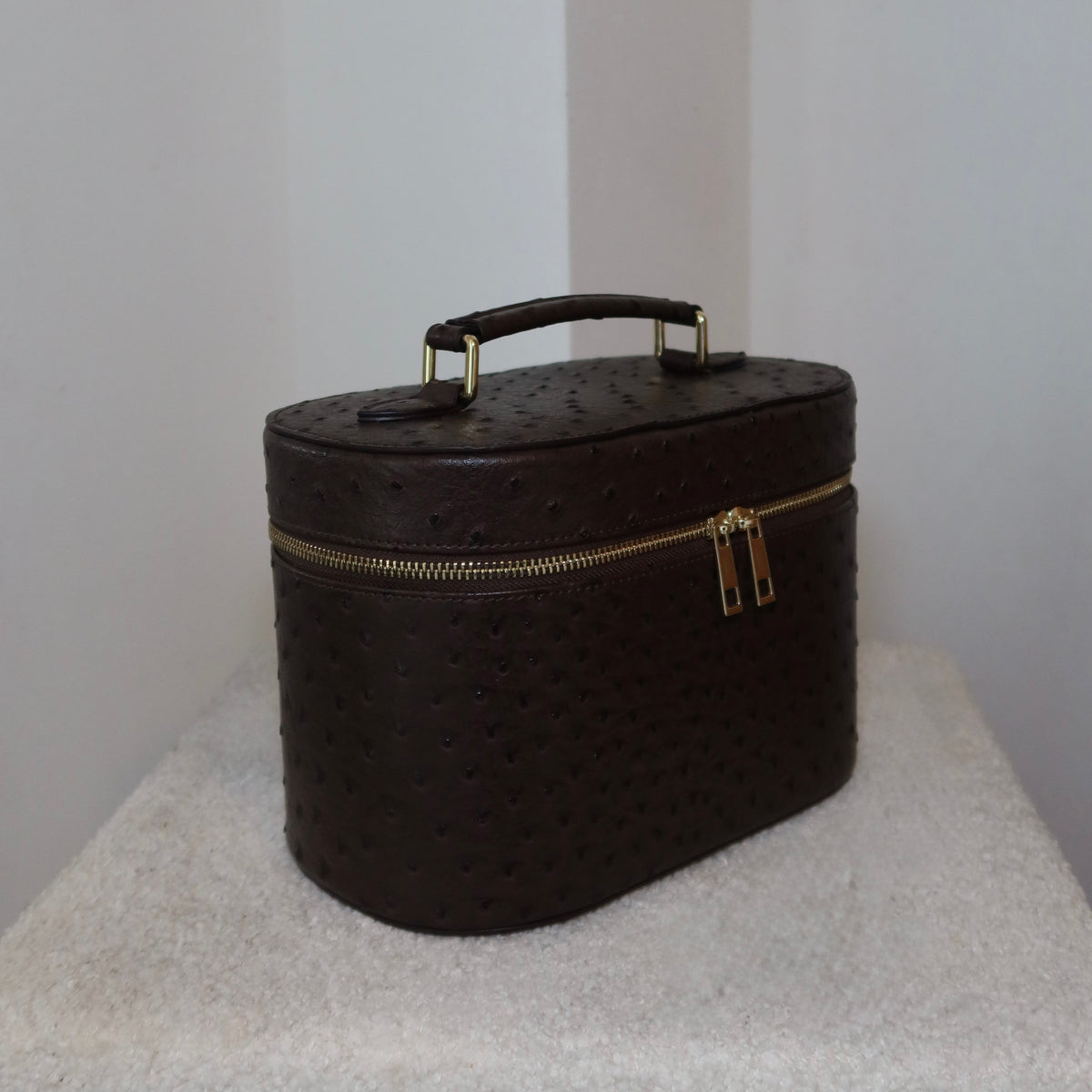 The Vanity Case – Travel Makeup Bag & Cosmetic Case with Ostrich Leather - Clove PIQUÉ CASES