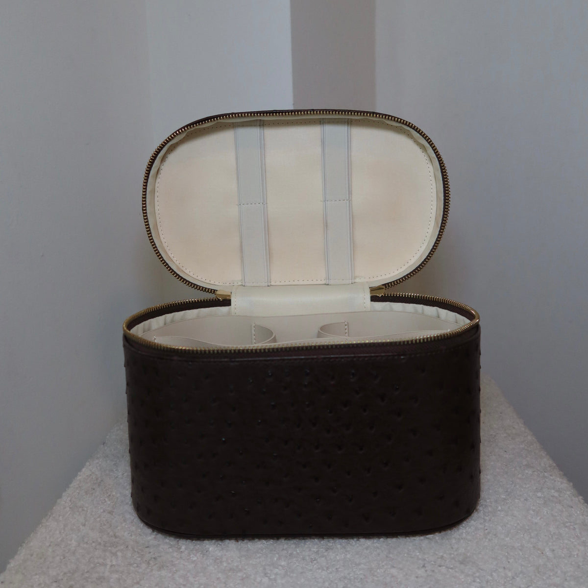 The Vanity Case – Travel Makeup Bag & Cosmetic Case with Ostrich Leather - Clove PIQUÉ CASES