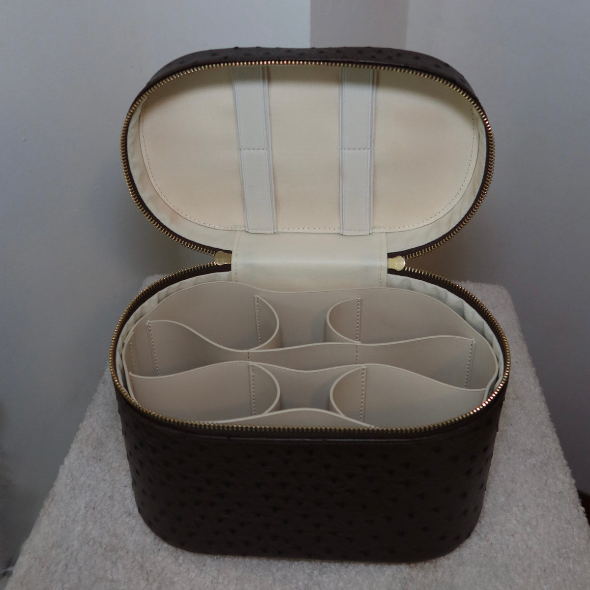 The Vanity Case – Travel Makeup Bag & Cosmetic Case with Ostrich Leather - Clove PIQUÉ CASES