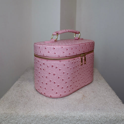 The Vanity Case – Travel Makeup Bag & Cosmetic Case with Ostrich Leather - Lychee PIQUÉ CASES